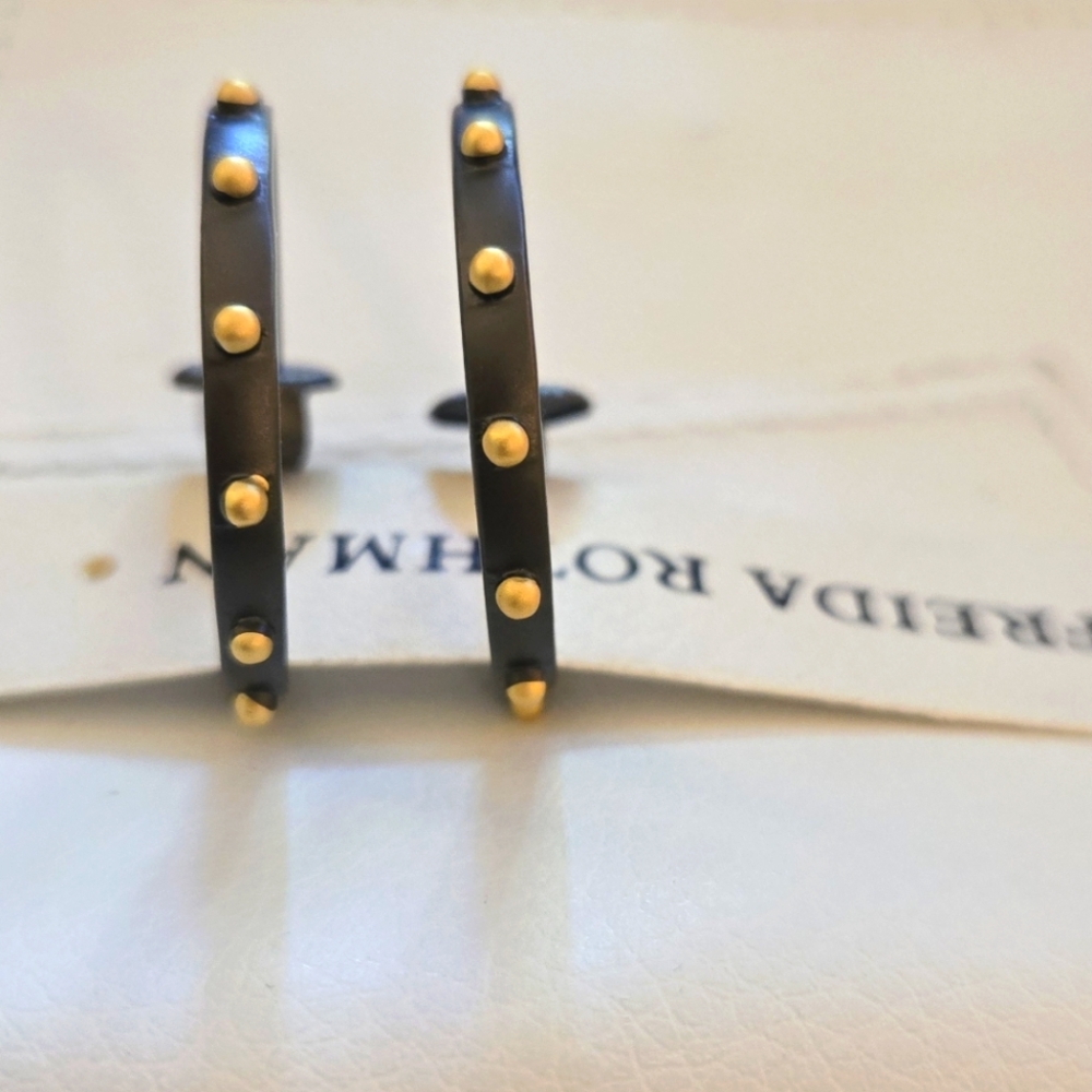 Freida Rothman Gold Studded Black Hoop Earrings